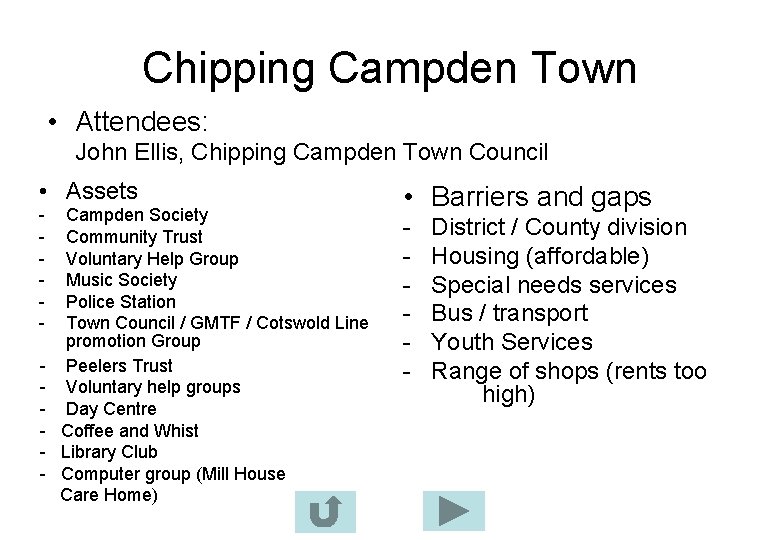 Chipping Campden Town • Attendees: John Ellis, Chipping Campden Town Council • Assets -