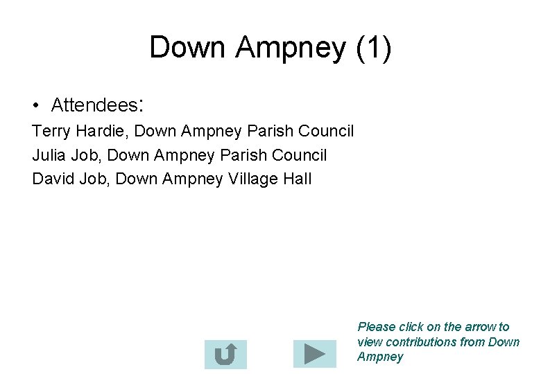 Down Ampney (1) • Attendees: Terry Hardie, Down Ampney Parish Council Julia Job, Down