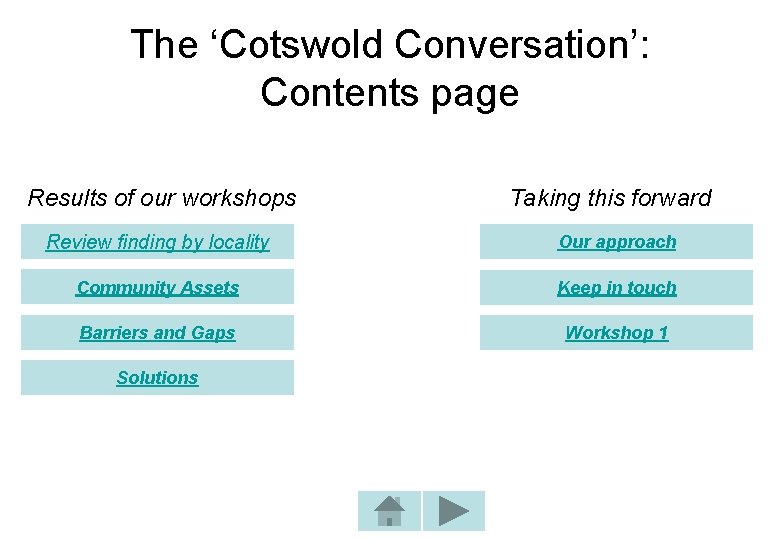 The ‘Cotswold Conversation’: Contents page Results of our workshops Taking this forward Review finding