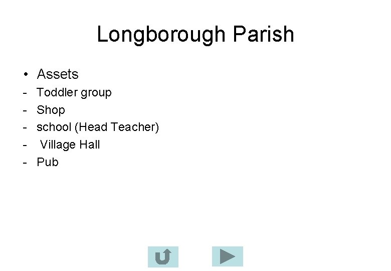 Longborough Parish • Assets - Toddler group Shop school (Head Teacher) Village Hall Pub