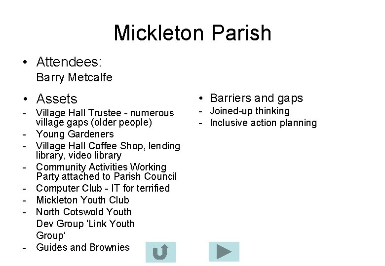 Mickleton Parish • Attendees: Barry Metcalfe • Assets - Village Hall Trustee - numerous