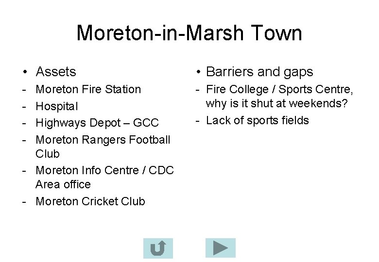 Moreton-in-Marsh Town • Assets • Barriers and gaps - - Fire College / Sports