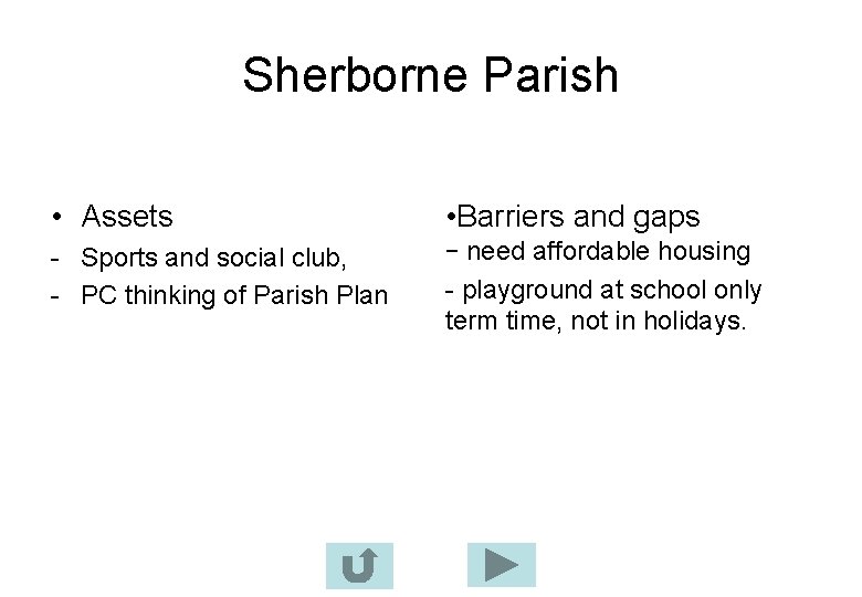 Sherborne Parish • Assets • Barriers and gaps - Sports and social club, -