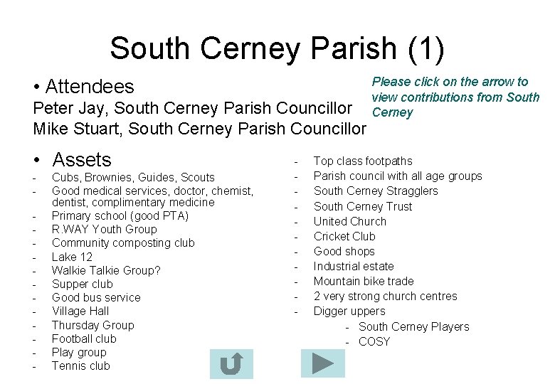 South Cerney Parish (1) • Attendees Peter Jay, South Cerney Parish Councillor Mike Stuart,