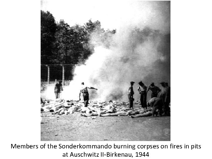 Members of the Sonderkommando burning corpses on fires in pits at Auschwitz II-Birkenau, 1944