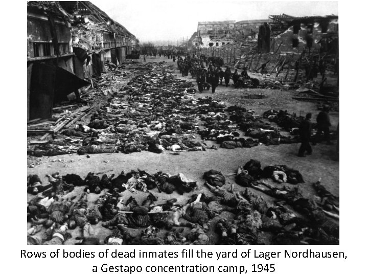 Rows of bodies of dead inmates fill the yard of Lager Nordhausen, a Gestapo