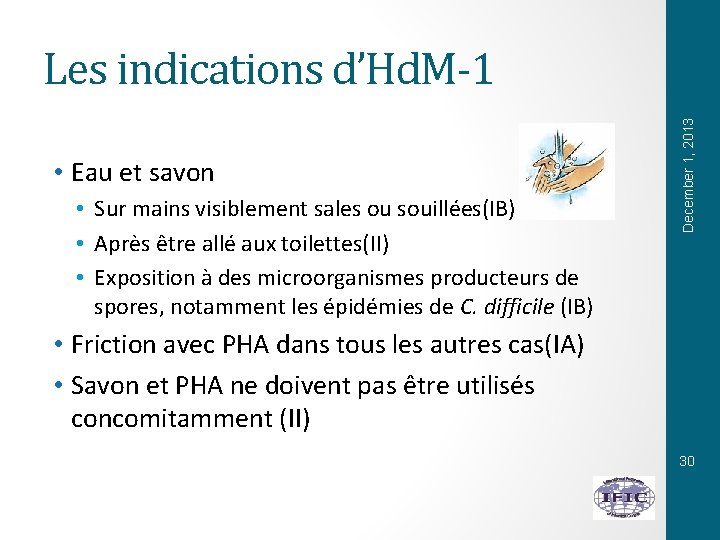  • Eau et savon • Sur mains visiblement sales ou souillées(IB) • Après