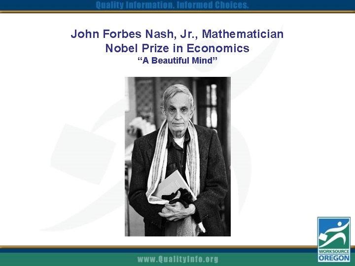 John Forbes Nash, Jr. , Mathematician Nobel Prize in Economics “A Beautiful Mind” 