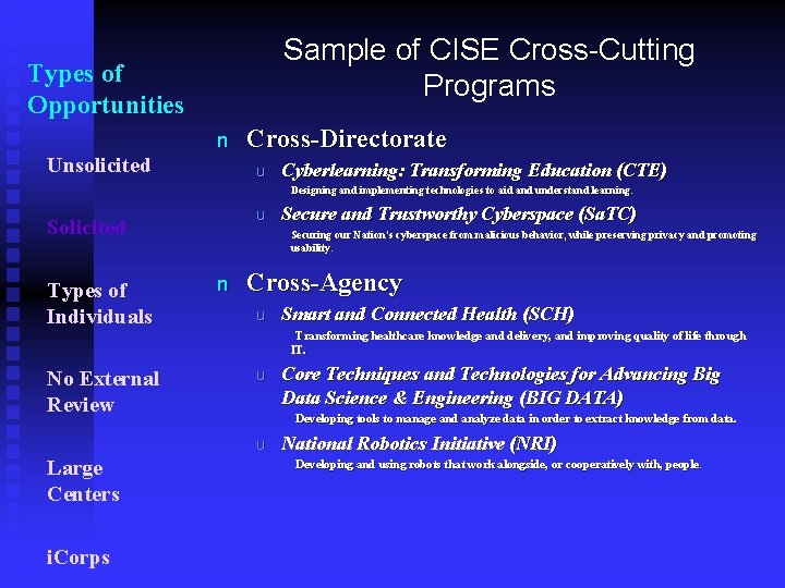 Sample of CISE Cross Cutting Programs Types of Opportunities n Unsolicited Cross-Directorate u Cyberlearning: