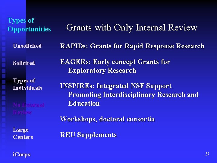 Types of Opportunities Grants with Only Internal Review Unsolicited RAPIDs: Grants for Rapid Response