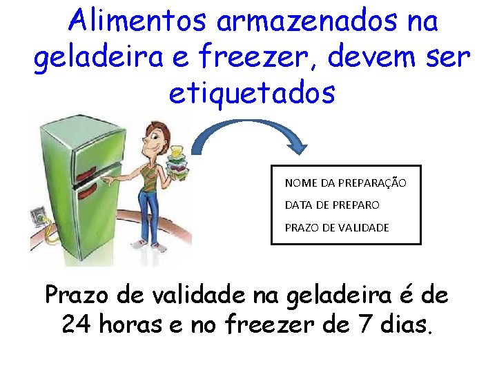 Alimentos armazenados na geladeira e freezer, devem ser etiquetados NOME DA PREPARAÇÃO DATA DE