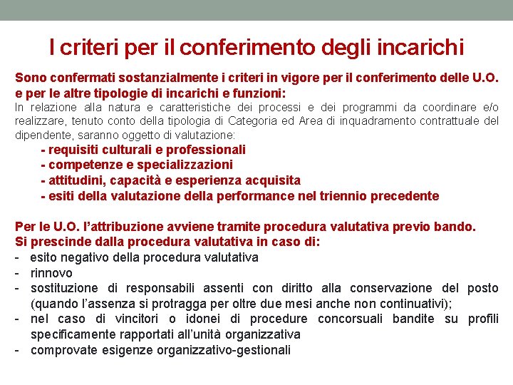 I criteri per il conferimento degli incarichi Sono confermati sostanzialmente i criteri in vigore