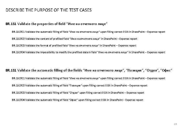 DESCRIBE THE PURPOSE OF THE TEST CASES BR. 1 S 1 Validate the properties