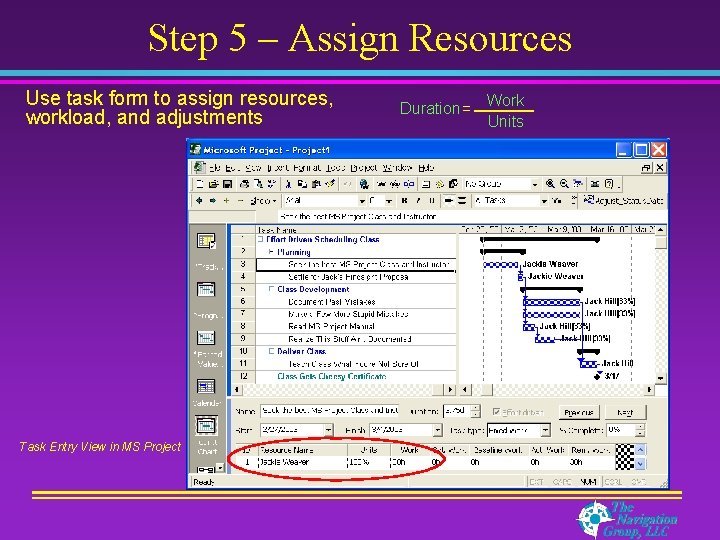 Step 5 – Assign Resources Use task form to assign resources, workload, and adjustments