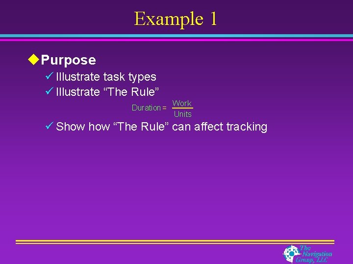 Example 1 u. Purpose ü Illustrate task types ü Illustrate “The Rule” Duration =