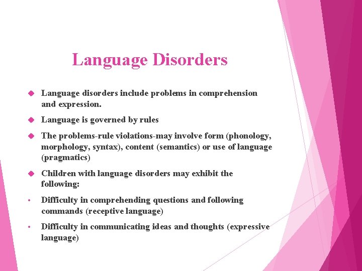 Language Disorders Language disorders include problems in comprehension and expression. Language is governed by
