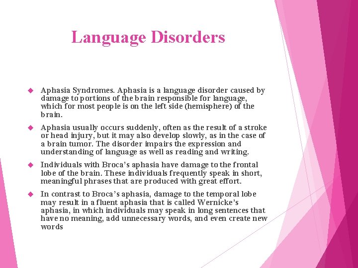 Language Disorders Aphasia Syndromes. Aphasia is a language disorder caused by damage to portions