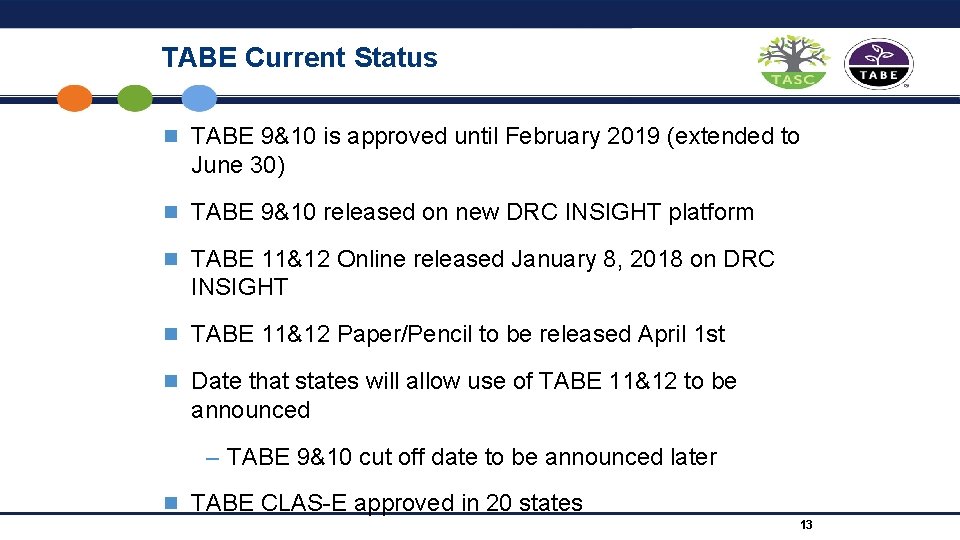 TABE Current Status n TABE 9&10 is approved until February 2019 (extended to June