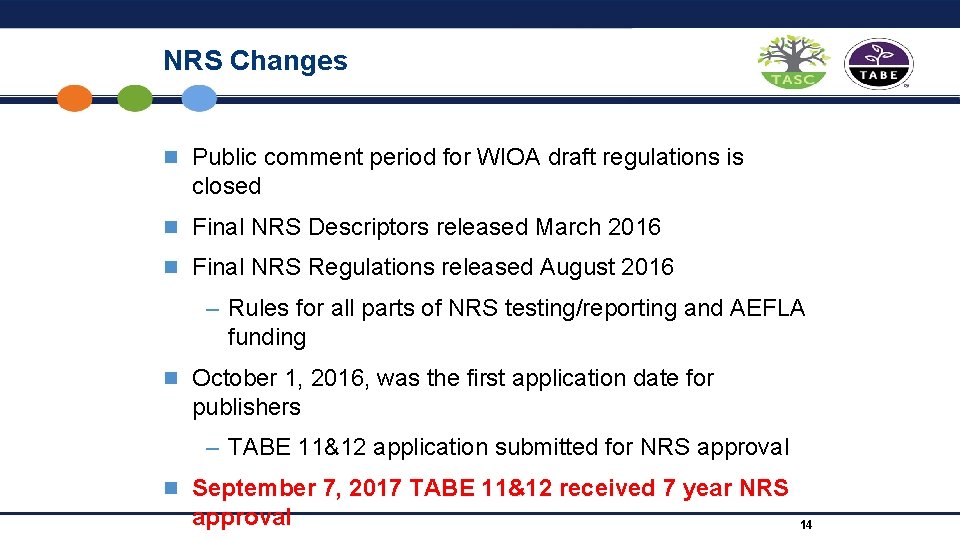 NRS Changes n Public comment period for WIOA draft regulations is closed n Final