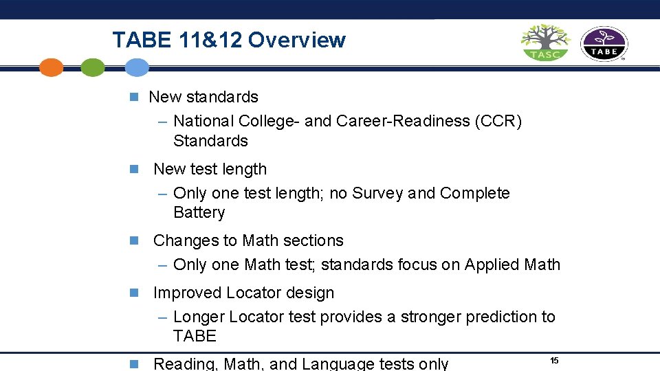 TABE 11&12 Overview n New standards – National College- and Career-Readiness (CCR) Standards n