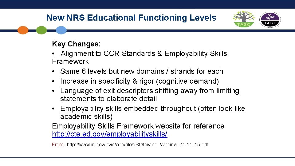 New NRS Educational Functioning Levels Key Changes: • Alignment to CCR Standards & Employability