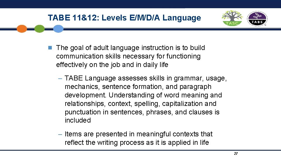 TABE 11&12: Levels E/M/D/A Language n The goal of adult language instruction is to
