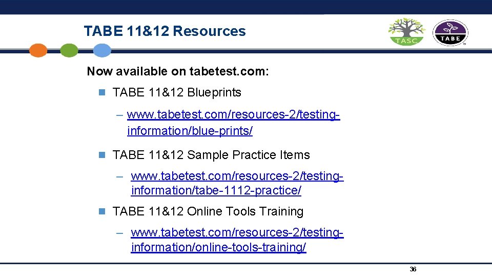 TABE 11&12 Resources Now available on tabetest. com: n TABE 11&12 Blueprints – www.