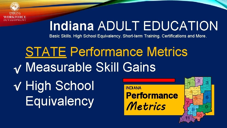 Indiana ADULT EDUCATION Basic Skills. High School Equivalency. Short-term Training. Certifications and More. STATE