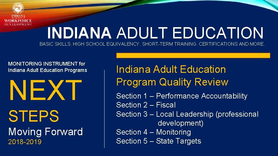 INDIANA ADULT EDUCATION BASIC SKILLS. HIGH SCHOOL EQUIVALENCY. SHORT-TERM TRAINING. CERTIFICATIONS AND MORE. MONITORING