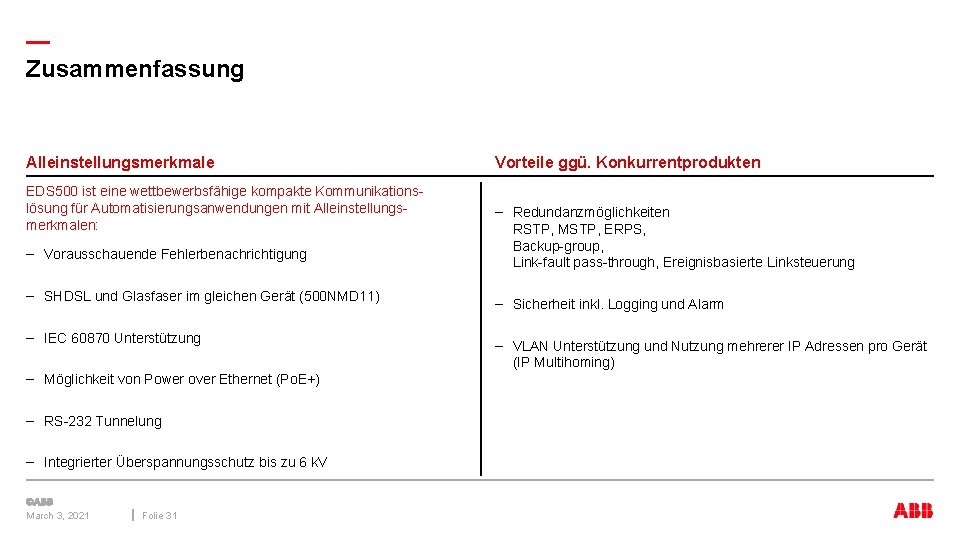 — Zusammenfassung Alleinstellungsmerkmale EDS 500 ist eine wettbewerbsfähige kompakte Kommunikationslösung für Automatisierungsanwendungen mit Alleinstellungsmerkmalen: