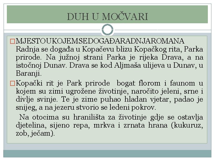 DUH U MOČVARI �MJESTO U KOJEM SE DOGAĐA RADNJA ROMANA Radnja se događa u DUH U MOČVARI �MJESTO U KOJEM SE DOGAĐA RADNJA ROMANA Radnja se događa u