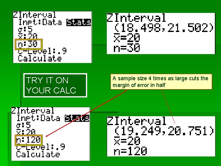TRY IT ON YOUR CALC A sample size 4 times as large cuts the