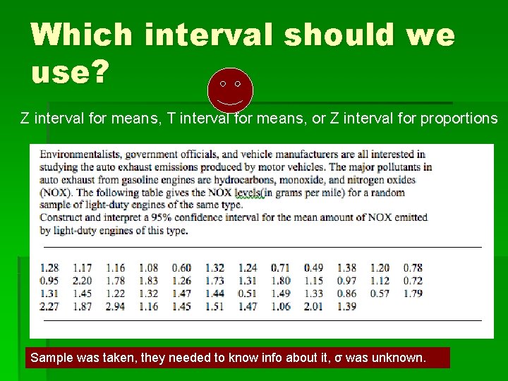 Which interval should we use? Z interval for means, T interval for means, or