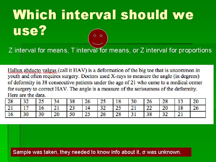 Which interval should we use? Z interval for means, T interval for means, or