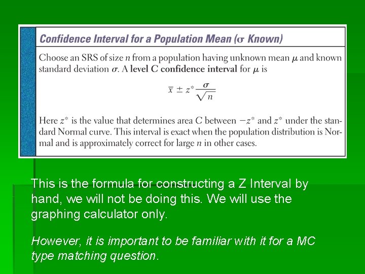 This is the formula for constructing a Z Interval by hand, we will not