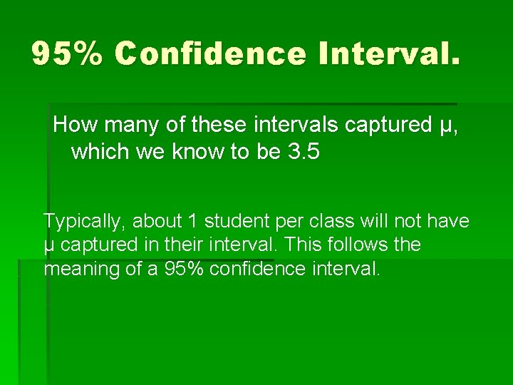 95% Confidence Interval. How many of these intervals captured μ, which we know to