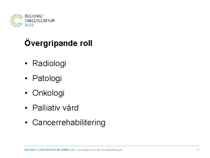 Övergripande roll • Radiologi • Patologi • Onkologi • Palliativ vård • Cancerrehabilitering 11
