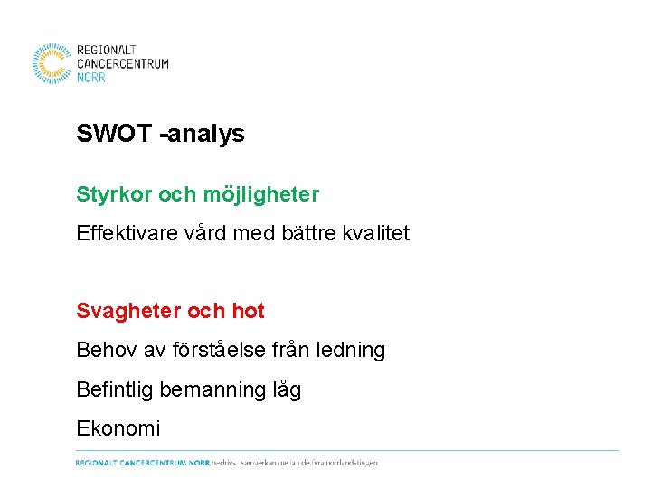 SWOT -analys Styrkor och möjligheter Effektivare vård med bättre kvalitet Svagheter och hot Behov