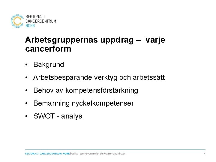 Arbetsgruppernas uppdrag – varje cancerform • Bakgrund • Arbetsbesparande verktyg och arbetssätt • Behov