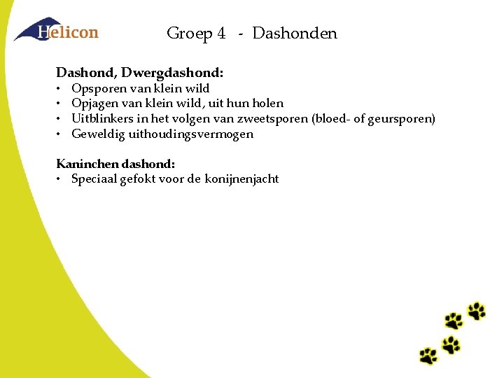 Groep 4 - Dashonden Dashond, Dwergdashond: • • Opsporen van klein wild Opjagen van Groep 4 - Dashonden Dashond, Dwergdashond: • • Opsporen van klein wild Opjagen van