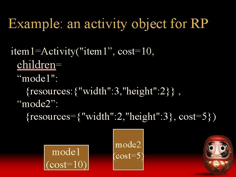 Example: an activity object for RP item 1=Activity("item 1”, cost=10, children= “mode 1": {resources: Example: an activity object for RP item 1=Activity("item 1”, cost=10, children= “mode 1": {resources:
