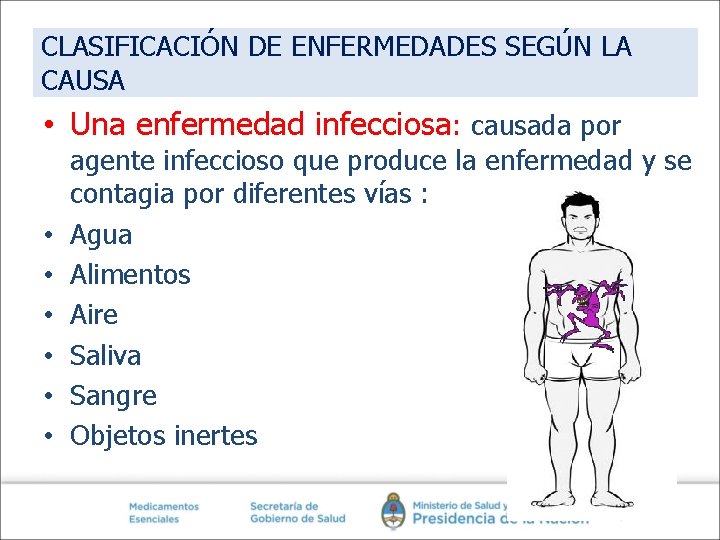CLASIFICACIÓN DE ENFERMEDADES SEGÚN LA CAUSA • Una enfermedad infecciosa: causada por • •