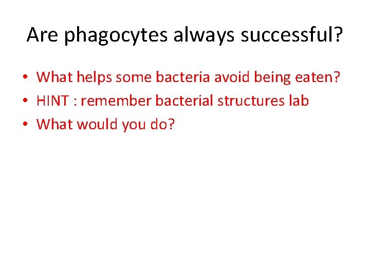 Are phagocytes always successful? • What helps some bacteria avoid being eaten? • HINT