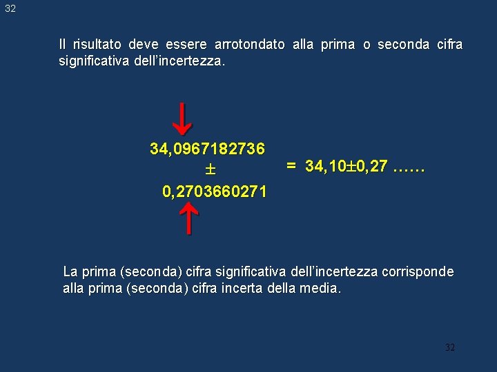 32 Il risultato deve essere arrotondato alla prima o seconda cifra significativa dell’incertezza. 34, 32 Il risultato deve essere arrotondato alla prima o seconda cifra significativa dell’incertezza. 34,