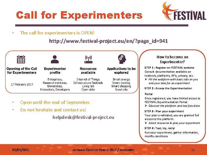 Call for Experimenters • The call for experimenters is OPEN! http: //www. festival-project. eu/en/?