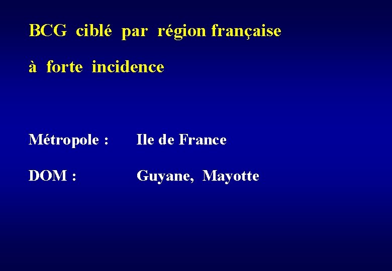 BCG ciblé par région française à forte incidence Métropole : Ile de France DOM