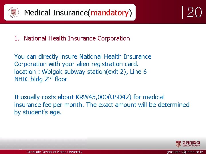 Medical Insurance(mandatory) 20 1. National Health Insurance Corporation You can directly insure National Health Medical Insurance(mandatory) 20 1. National Health Insurance Corporation You can directly insure National Health