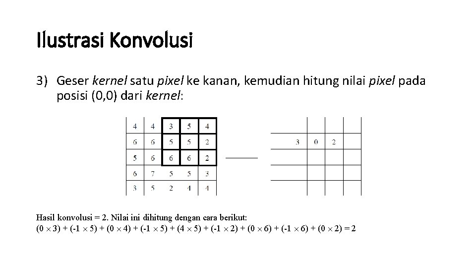 Ilustrasi Konvolusi 3) Geser kernel satu pixel ke kanan, kemudian hitung nilai pixel pada