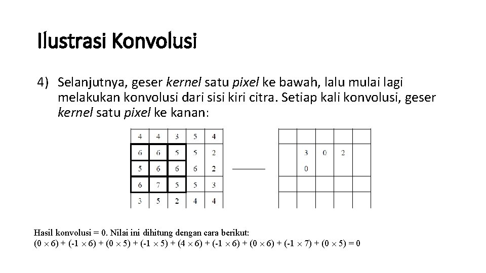 Ilustrasi Konvolusi 4) Selanjutnya, geser kernel satu pixel ke bawah, lalu mulai lagi melakukan