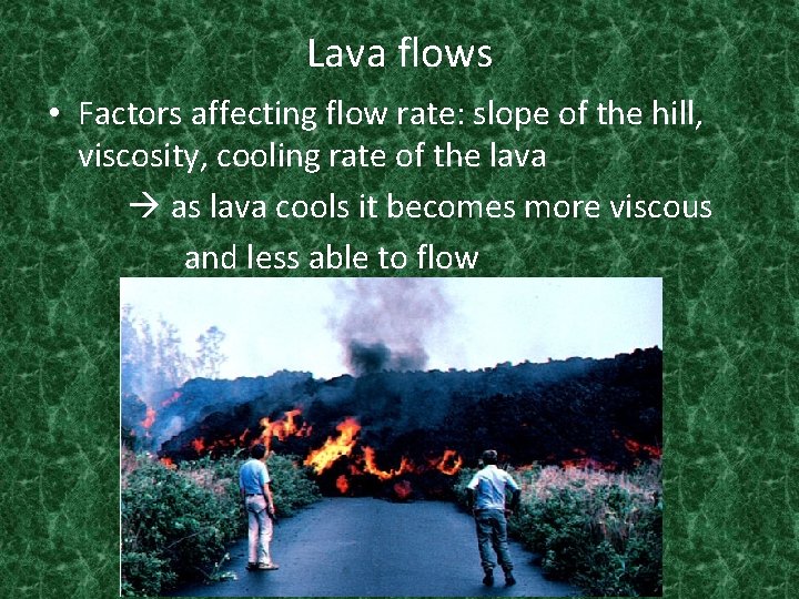 Lava flows • Factors affecting flow rate: slope of the hill, viscosity, cooling rate